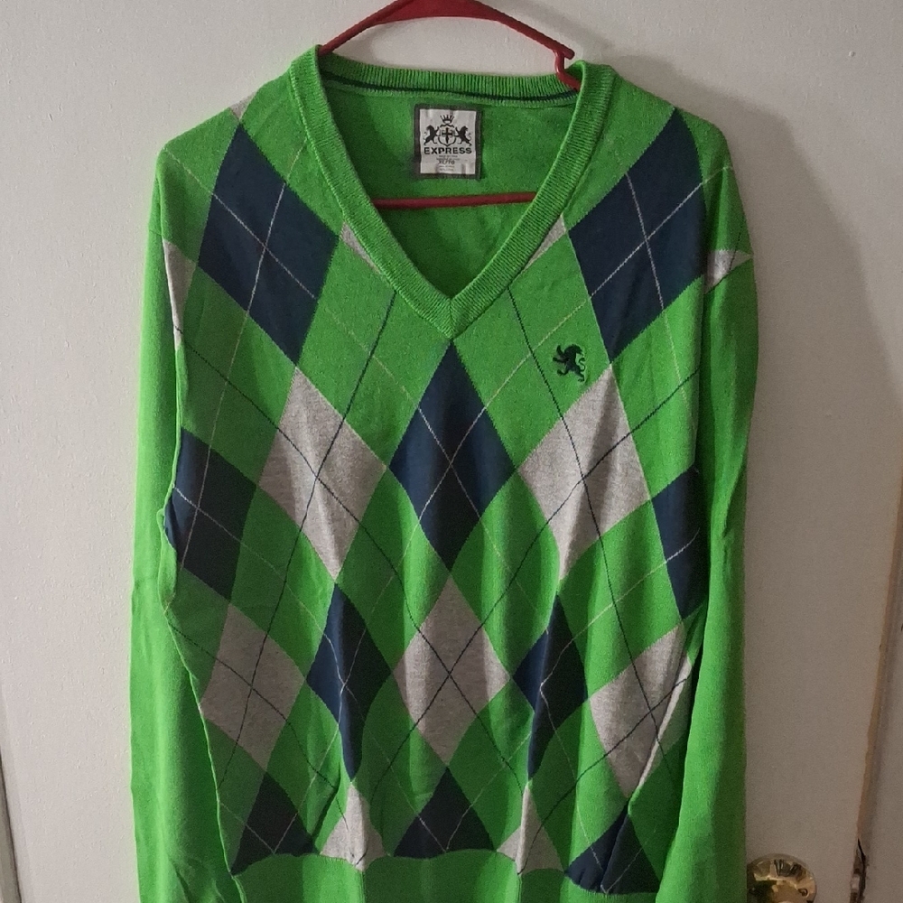 Express V-Neck Sweater in Green and Blue Argyle